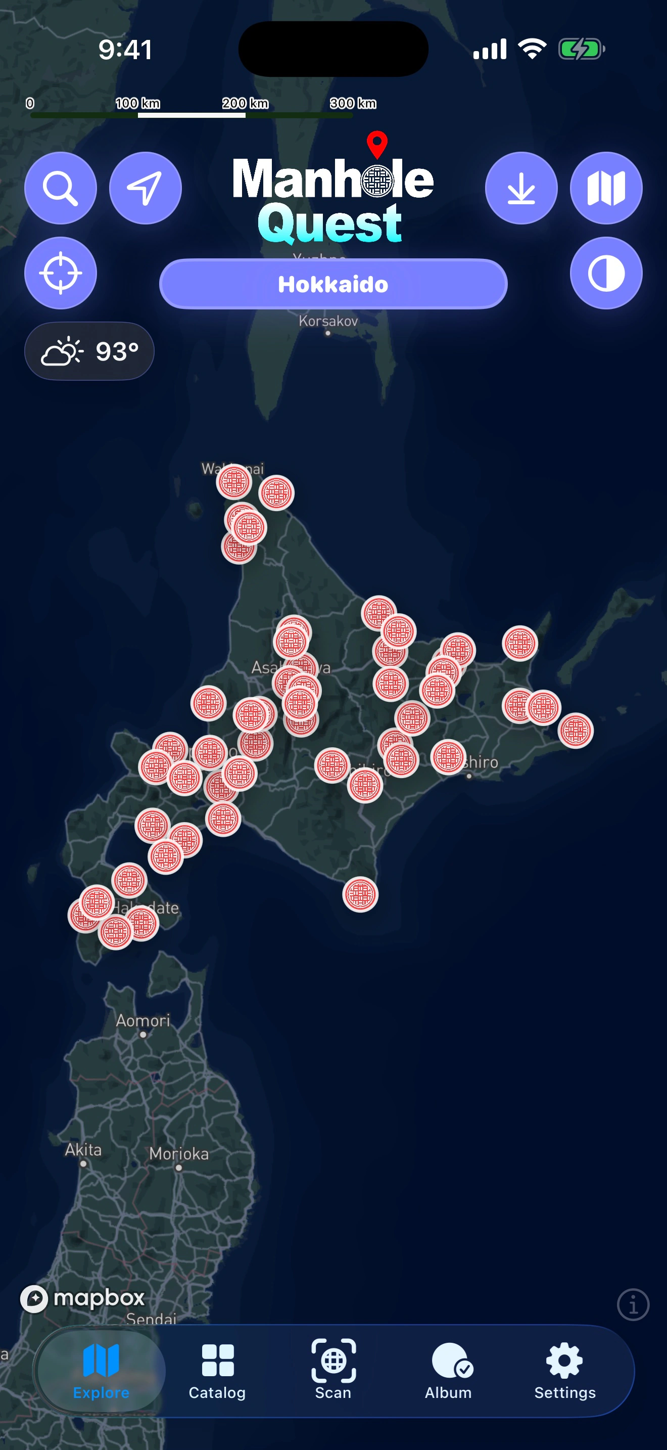北海道のデザインマンホールの位置を表示したManhole Questの探索マップ
