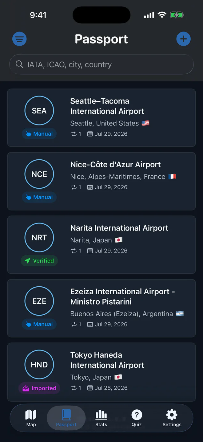 SkyStamp Passport screen showing confirmed and manually recorded airport visits