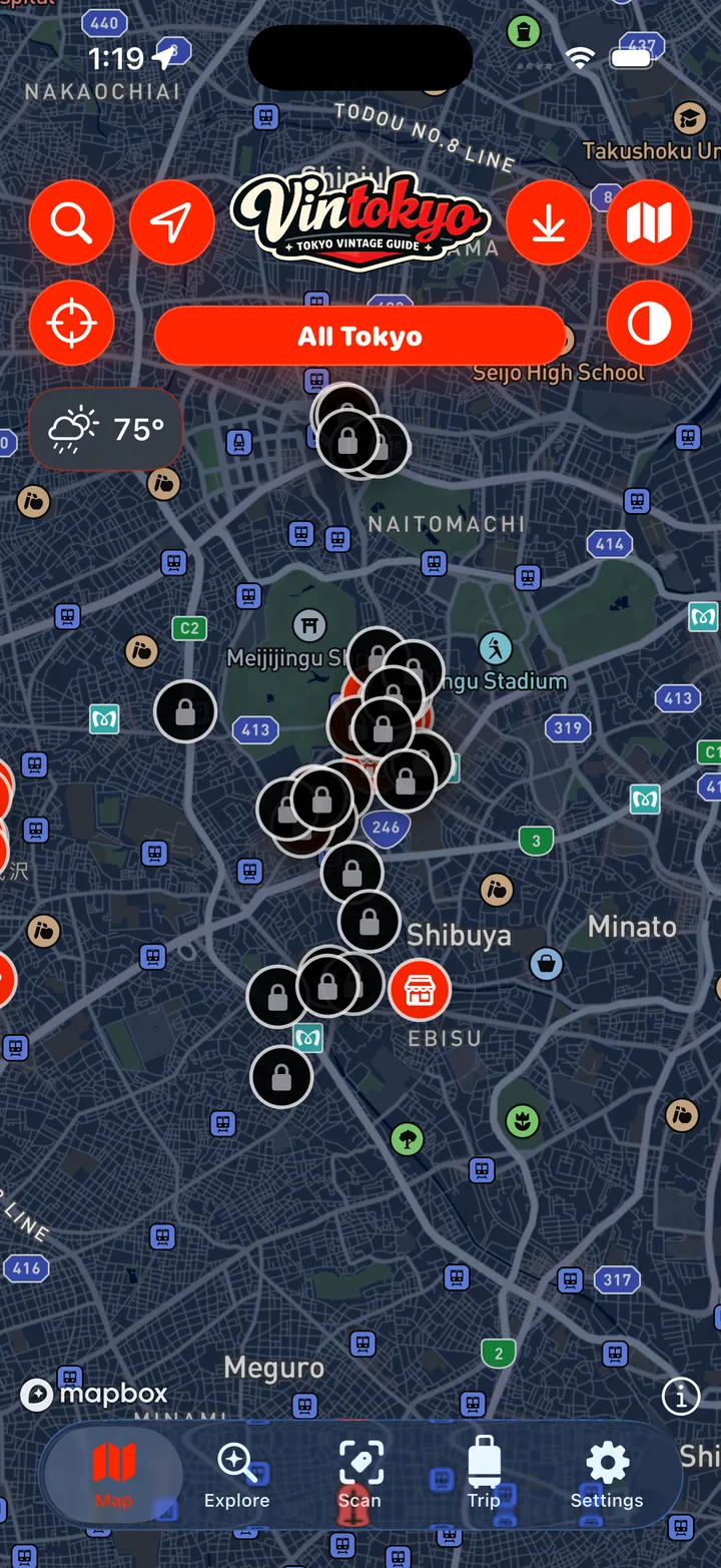 Vintokyo map screen for discovering vintage shops across Tokyo